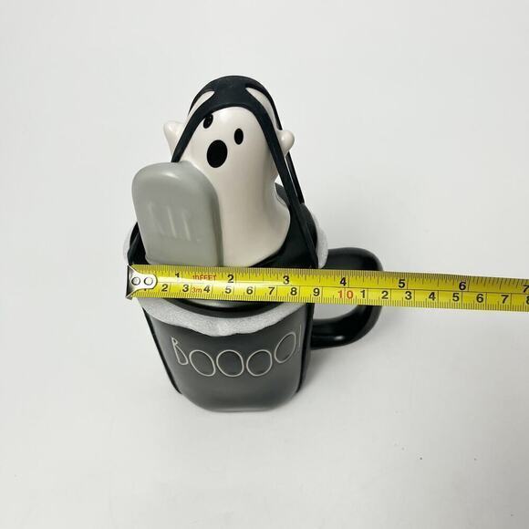 Rae Dunn Halloween BOOOO! Black Mug with White Ghost + RIP Headstone Topper NEW! - Picture 3 of 5